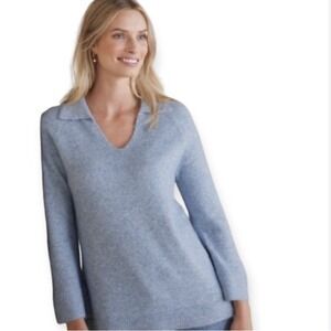 Soft Surroundings Alice Sweater Blue Marled Knit Collared V Neck Sweater Medium